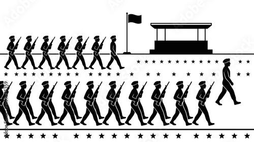 Tableau sur toile Military Parade Formation Marching Soldiers Uniforms Flags Stage Black and White