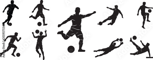 Dynamic soccer player silhouettes set vector, football players in action poses black silhouette on white background.