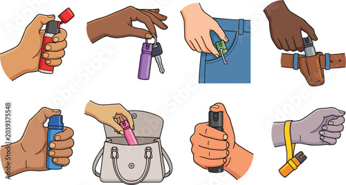 Schilderij op canvas Self Defense Pepper Spray Vector Icon Set with Diverse Hands Holding Keychain Po