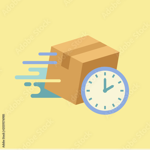 Canvas Print A brown cardboard box moving quickly with a round wall clock