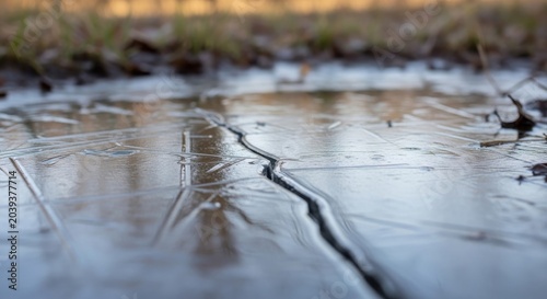 Close-up of Cracked Ice Sheet on Ground in Cold Weather