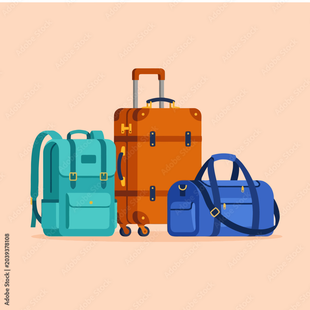 Fototapeta premium A collection of colorful travel bags arranged on a plain background