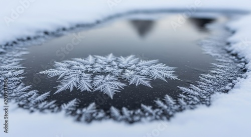 Delicate frost patterns form on frozen water surface