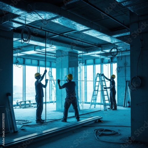 Construction Crew Measuring And Installing Framework Inside A Modern Building Interior