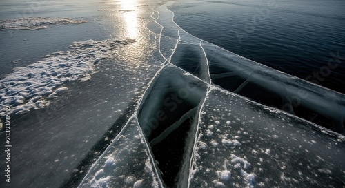 Cracked Ice Surface Revealing Deep Blue Water