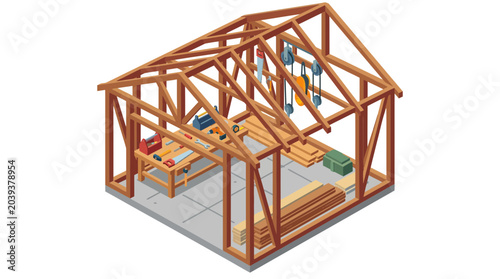 Tableau sur toile Wooden Workshop Construction Site with Tools and Materials