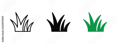 Three distinct styles of simple grass icons displayed in outline solid black and vibrant green