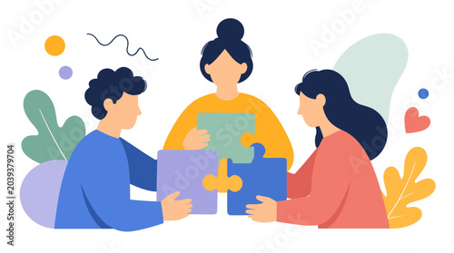 Teamwork and collaboration as three people assemble puzzle pieces.