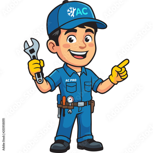 Friendly AC technician cartoon character holding a wrench and pointing