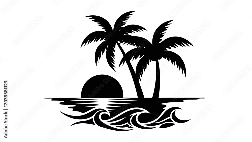 Fototapeta premium Tropical Palm Tree Sunset Illustration with Ocean Waves