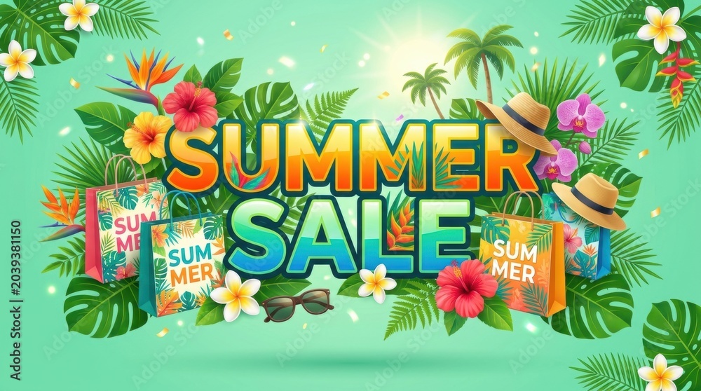 Fototapeta premium Summer Sale promotional banner, tropical seasonal discount background with shopping bags, exotic flowers and palm leaves on mint green