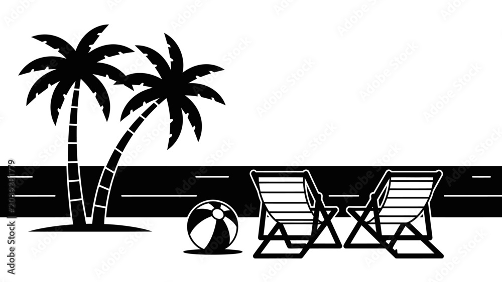 Obraz premium Minimalist Beach Scene with Palm Trees, Deck Chairs and Ball Silhouette