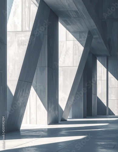 Modern Concrete Structure with Dramatic Light: Abstract architectural design featuring a monolithic concrete interior with bold geometric shapes and strong diagonal lines.