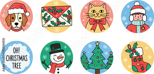 Festive christmas icons set dog letter cat child tree snowman stocking