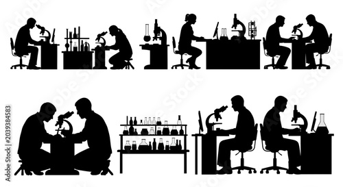 Fotografi Silhouettes of scientists working in a laboratory setting with microscopes and equipment