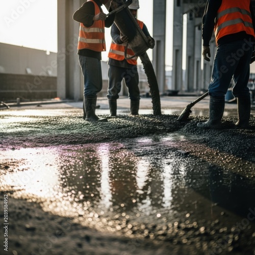 Construction Crew Pouring Concrete on a Road, Underneath an Elevated Overpass Structure