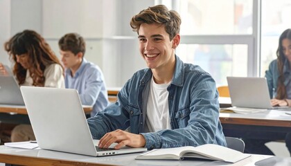 Smiling Teenager Learning Online with Laptop in Classroom