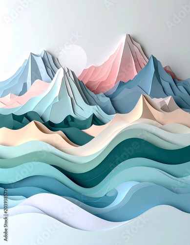Papercraft Mountain and Sea: A whimsical scene depicting mountains and waves crafted from layered paper, with a soft sun rising over the peaks, creating a dreamlike, artistic landscape.