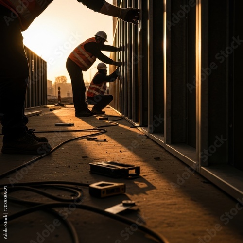 Construction Crew Silhouetted Working on Structure Frame Against Golden Hour Sunlight