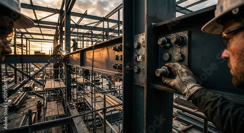 Construction Crew Securing Steel Beams at a Building Project During Golden Hour
