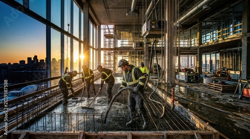 Construction Crew Working At Sunset Overlooking The City skyline inside of a skyscraper