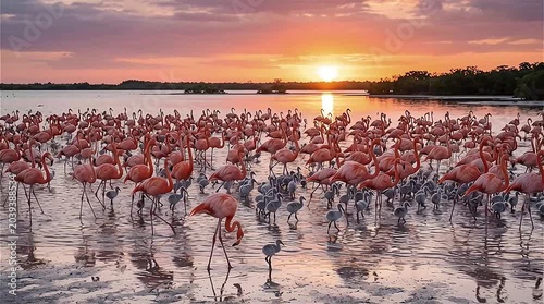 A flock of Caribbean flamingos (Phoenicopterus ruber) and chicks in breeding season with sunset, Yucatan Peninsula, Mexico.
