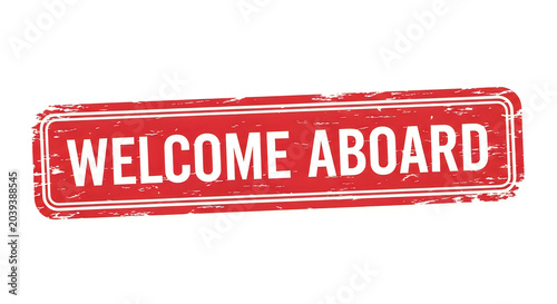 A vintage-style red rope border framing an elegantly curved welcome aboard sign with distressed edges and subtle fraying, evoking a nautical theme