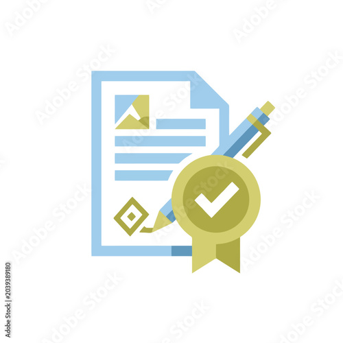 A flat vector icon showing a document with a check mark seal