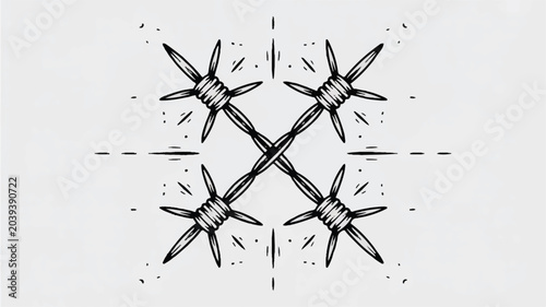 Barbed wire crossed in a crisscross pattern with sharp spikes and wrapped coils on gray background