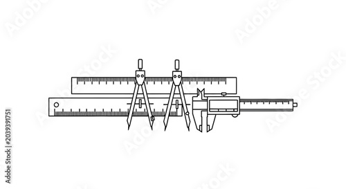 Tableau sur toile Technical drawing of drafting tools including rulers dividers and a vernier caliper