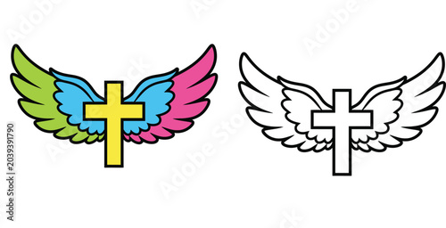 Photography Christian cross with colorful wings vector illustration set in color and outline style for religious faith and spiritual themes
