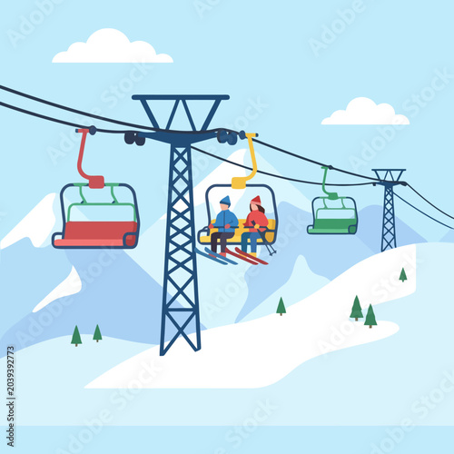 Quadro su tela People riding a colorful chairlift over a snowy mountain landscape