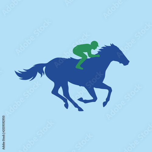 Valokuva A blue horse with a green rider runs on light blue background