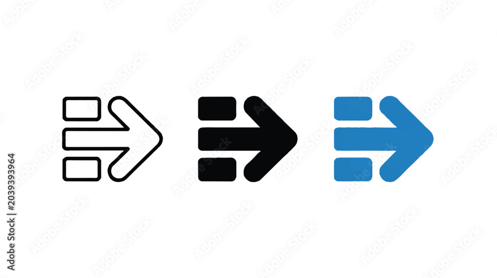 Obraz premium Three different right arrow icons in black blue and white on white background