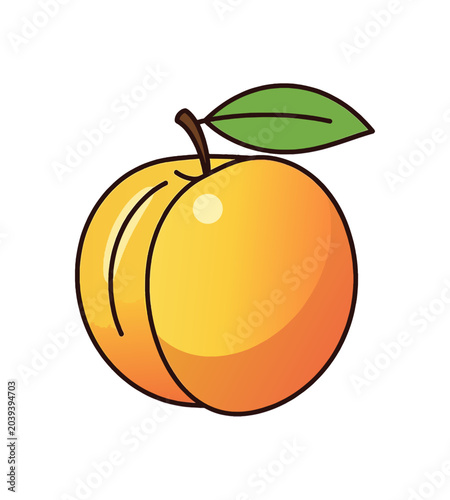 Illustration of a single ripe yellow peach with a green leaf.
