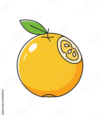Cartoon Orange Fruit with Bite Mark and Leaf.