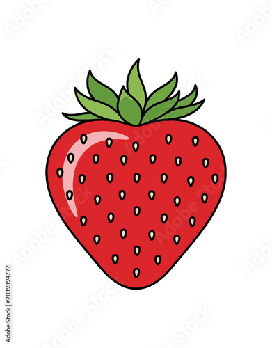 Vibrant Red Strawberry with Green Leaves and Seeds.