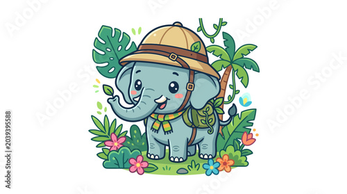 Photography Cute cartoon elephant explorer in jungle, wearing safari hat and backpack