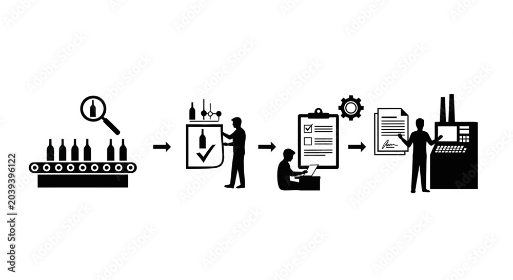 Naklejka premium A sequence of icons illustrating a manufacturing quality control and production process.
