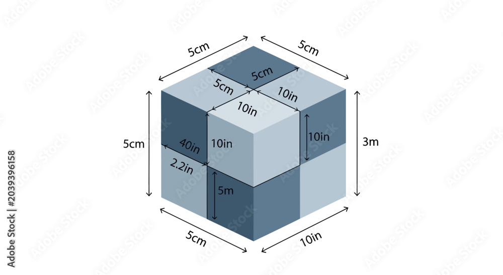 Foto A composite 3D block structure featuring alternating light and dark blue cube segments with dimension labels