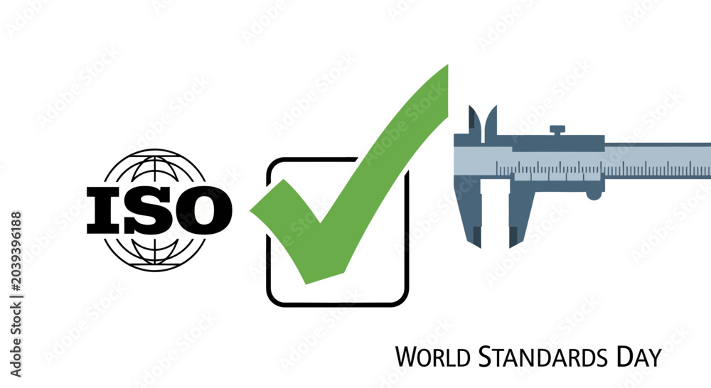 Εκτύπωση καμβά World Standards Day graphic featuring the ISO logo a green checkmark and a precision caliper tool