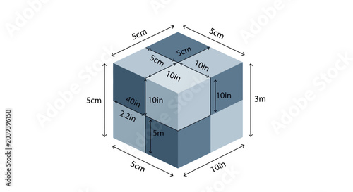 Foto A composite 3D block structure featuring alternating light and dark blue cube segments with dimension labels