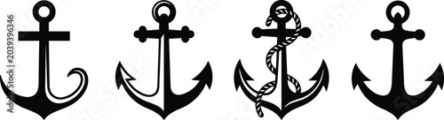 Billede på lærred Black silhouette illustrations of four nautical anchors with varied designs incl