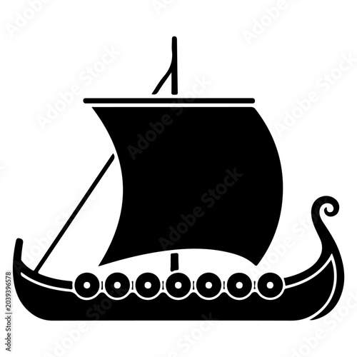 Cuadro en lienzo Black Silhouette of a Viking Ship with a Sail.