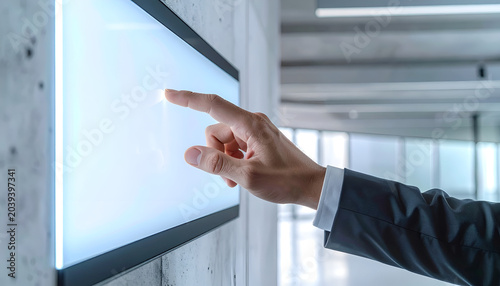 Obraz na płótnie Businessman interacting with large digital touch screen interface.