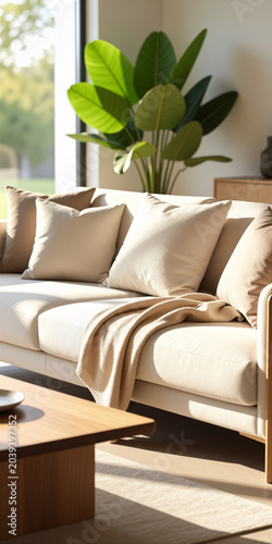 Sunlit Modern Living Room Interior with Neutral Sofa and Green Houseplant