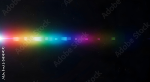 Abstract spectrum of light with square lens flares and light streaks on black background