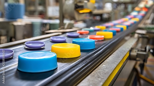 Colorful plastic bottle caps moving on a factory conveyor belt.