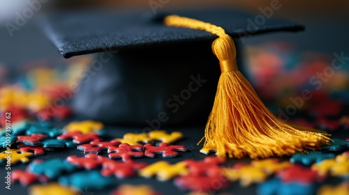 Black graduation cap with  yellow tassel resting among scattered colorful puzzle pieces
