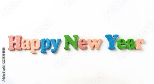 Happy new year sign multicolor glitter letters isolated on white background holiday greeting